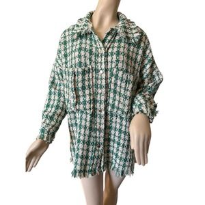 BB Dakota Green Cream Checkered Tweed‎ Shirt Jacket Shacket Size Medium Fringe